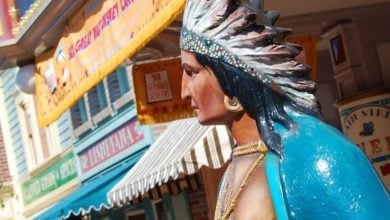 A Native American statue on Main Street, USA at Disneyland.