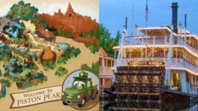 Split image: On the left, a colorful illustrated map of "Piston Peak" from the Cars universe with a green cartoon tow truck. On the right, a lit-up paddlewheel riverboat named "Liberty Belle" on the water.
