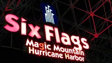 Bright neon sign reading "Six Flags Magic Mountain Hurricane Harbor" at night.