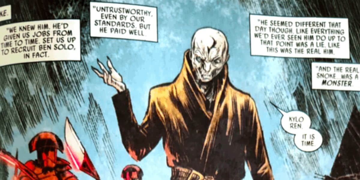 A pale, bald figure in brown robes gestures with one hand, speaking to red-armored guards. Comic-style dialogue boxes describe him as untrustworthy but a good payer—a "monster." One box reads, "Kylo Ren. It is time.