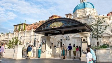 Visitors walk near the entrance of Soaring at Tokyo DisneySea