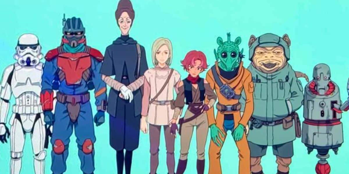 A lineup of animated Star Wars characters, including a stormtrooper, armored figures, aliens, a droid, and humans, all standing side by side against a light blue background.