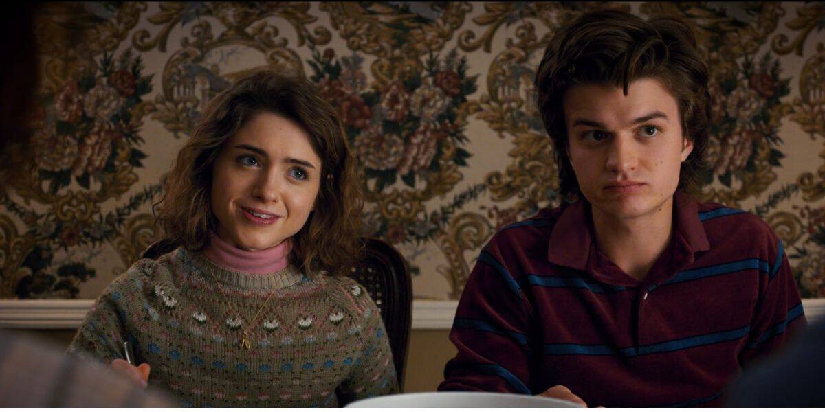 A young woman in a patterned sweater and a young man in a striped polo shirt sit side by side at a table, looking ahead—evoking the retro vibe of Stranger Things against a backdrop of ornate, floral wallpaper.