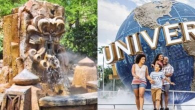 Split image: Left side shows a stone fountain with a carved face and water pouring from its mouth; right side shows a smiling family posing in front of the large Universal globe at Universal Studios.