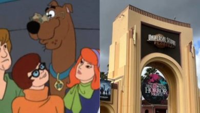 Split image: On the left, Scooby-Doo with Shaggy, Velma, and Daphne from the cartoon; on the right, the entrance to Universal Studios Florida decorated for Halloween Horror Nights.