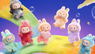 Labubu toys on a rainbow