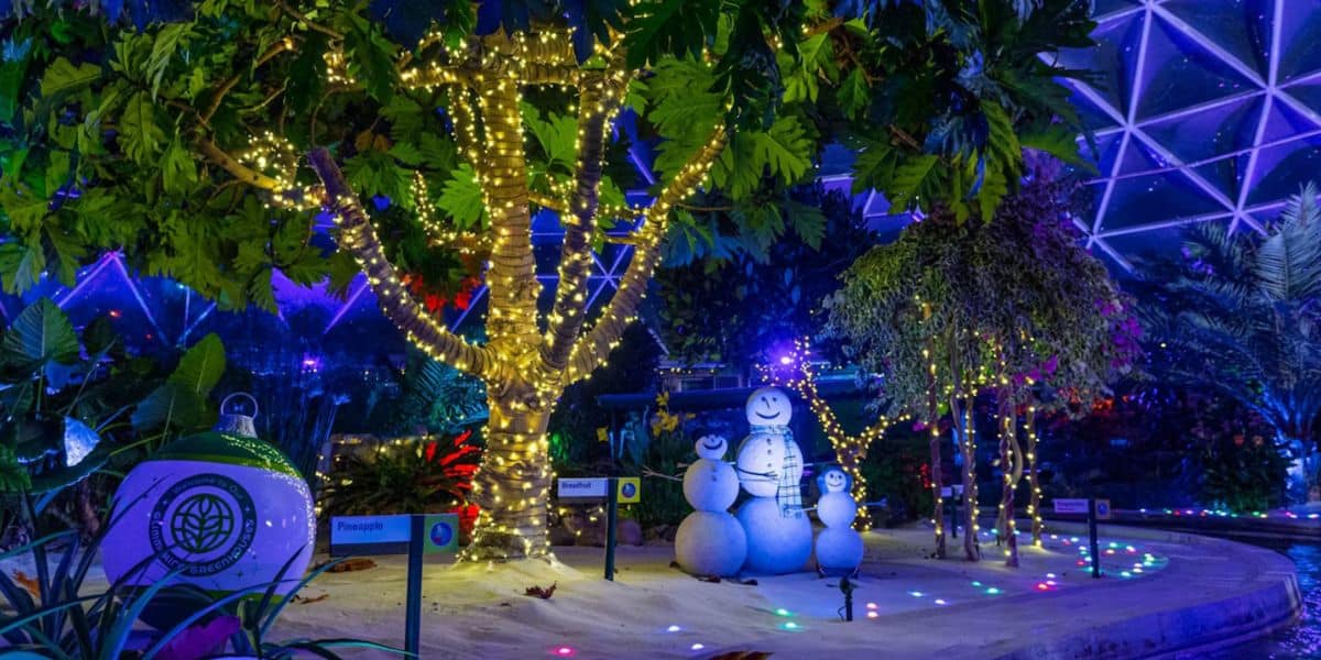 A tropical indoor garden inspired by Living with the Land features trees wrapped in string lights, glowing pathway lights, and three snowmen decorations under a large dome at night, creating a festive and whimsical atmosphere.