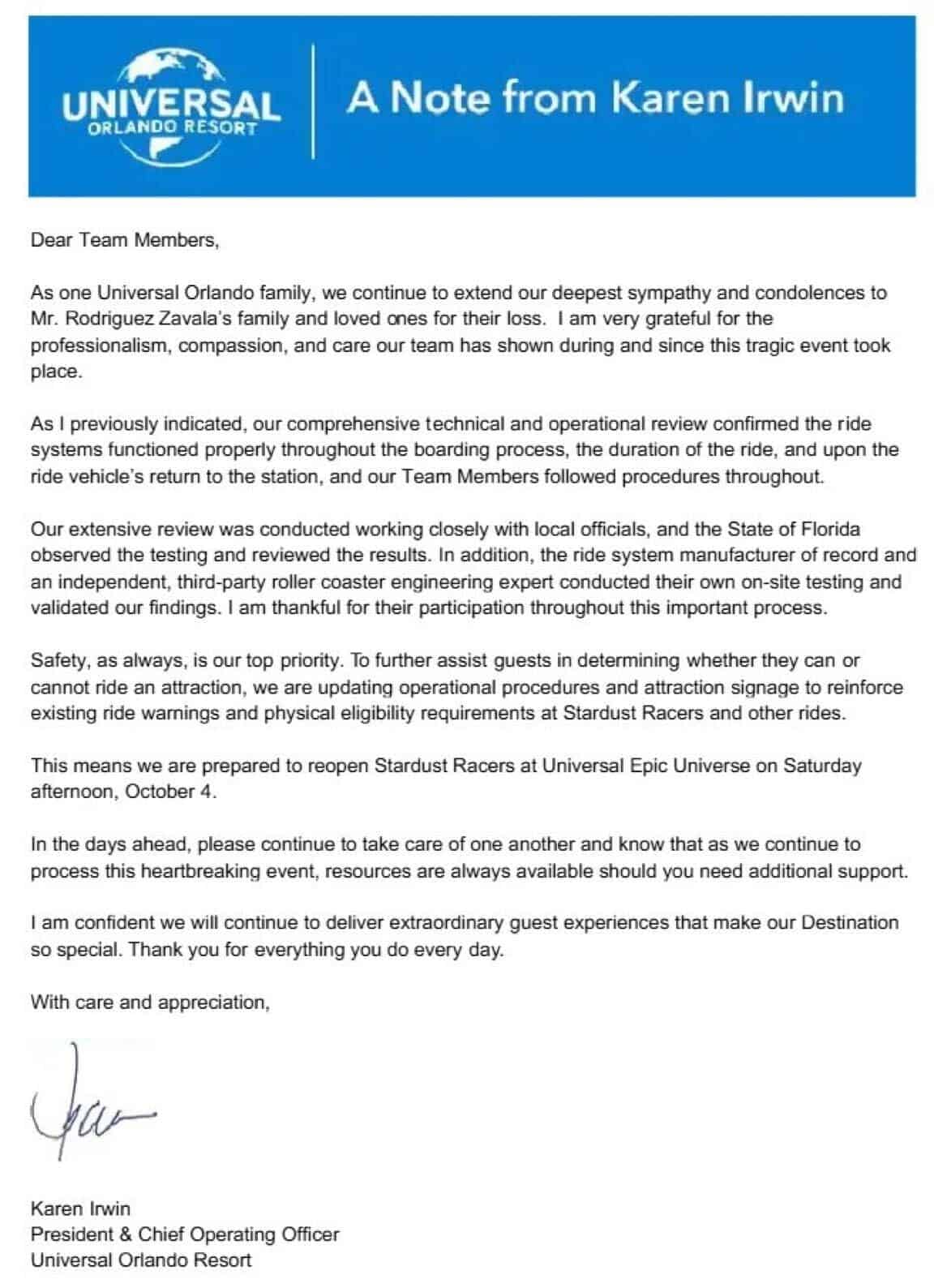 A letter from Karen Irwin, Universal Orlando Resort President, addresses team members, expressing sympathy for a recent tragedy, assuring a review of safety systems, and announcing the reopening of a roller coaster ride.