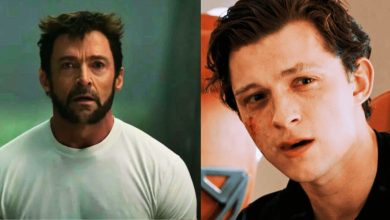 Split image: L - Hugh Jackman looking sad in 'Deadpool and Wolverine' R - Tom Holland crying in 'Spider-Man'