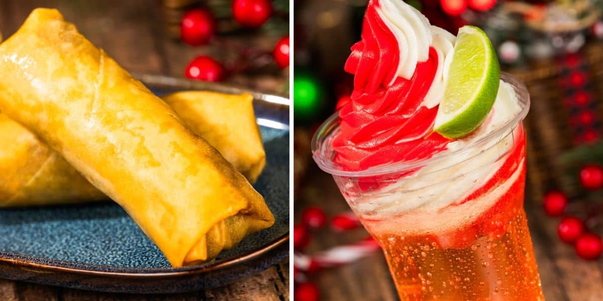 A close-up of two golden spring rolls on a blue plate, next to a clear cup of red and white swirled soft serve ice cream on a fizzy orange drink, garnished with a lime slice—just the kind of magical treat you’d find at Disney World. Red berries decorate the background.