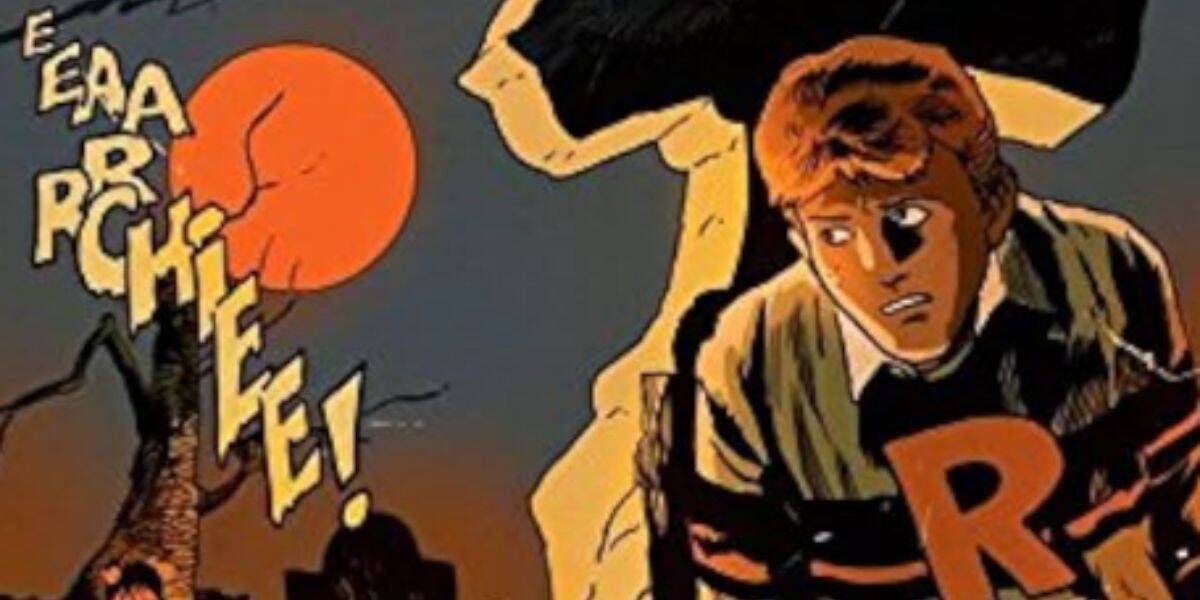 A comic-style illustration shows a frightened young man with brown hair and a Riverdale sweater with a red "R" under a red full moon, while jagged text nearby reads "EEAARGHHHEE!" in yellow letters.