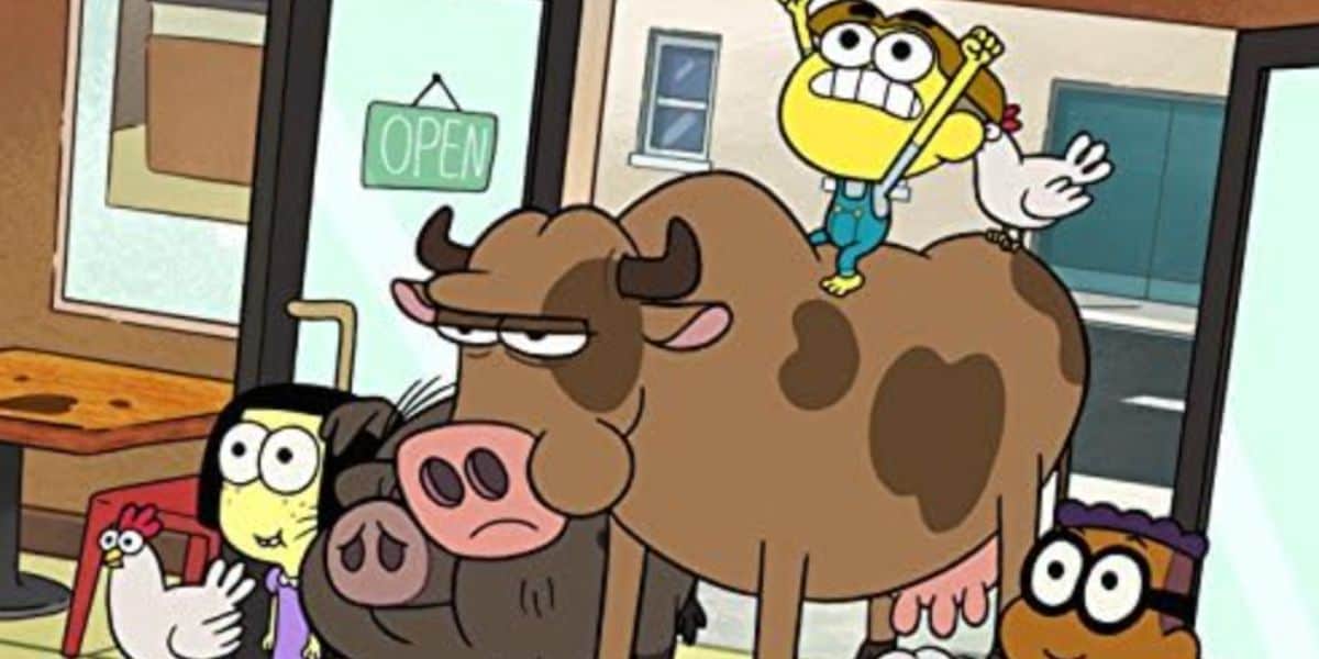 A cartoon scene shows a cheerful boy with raised arms riding a large brown cow in a shop. Nearby, a chicken, pig, and goat with expressive faces add to the Disney Channel-style fun, while an "OPEN" sign hangs on the door in the background.