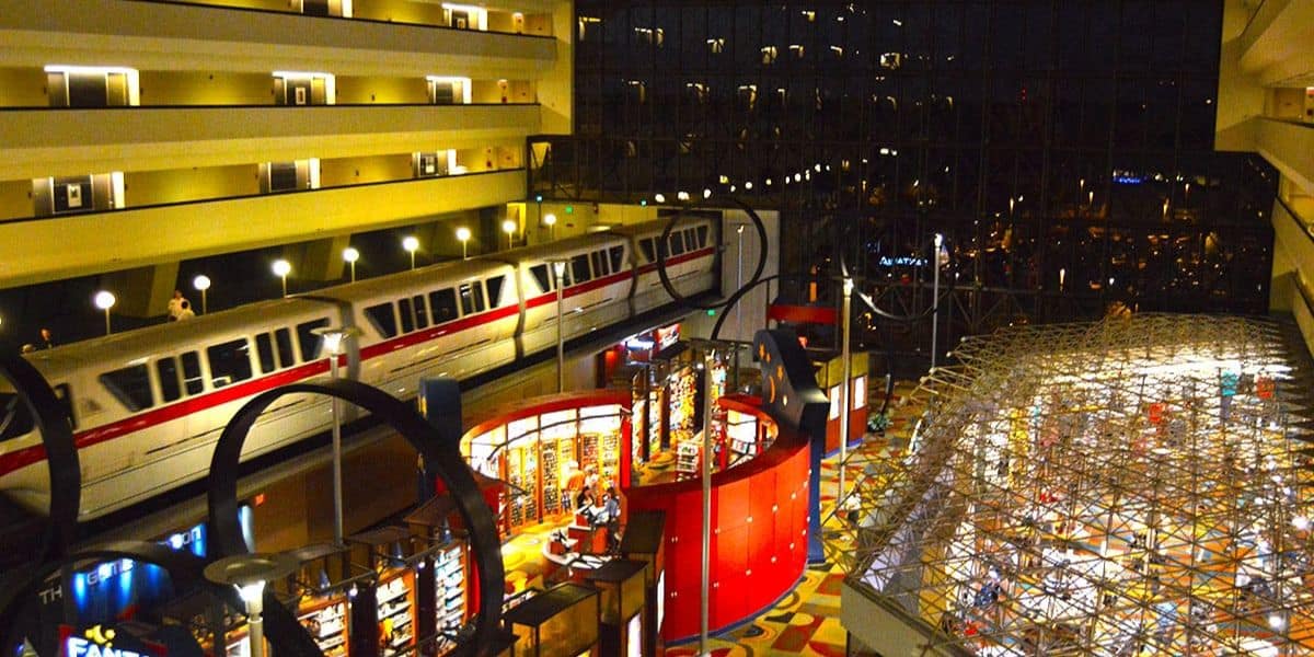The Monorail passes through the inside of Disney's Contemporary Resort.
