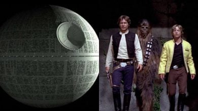 On the left, the Death Star space station floats in darkness. On the right, three Star Wars characters—Han Solo, Chewbacca, and Luke Skywalker—walk together in a stone corridor.