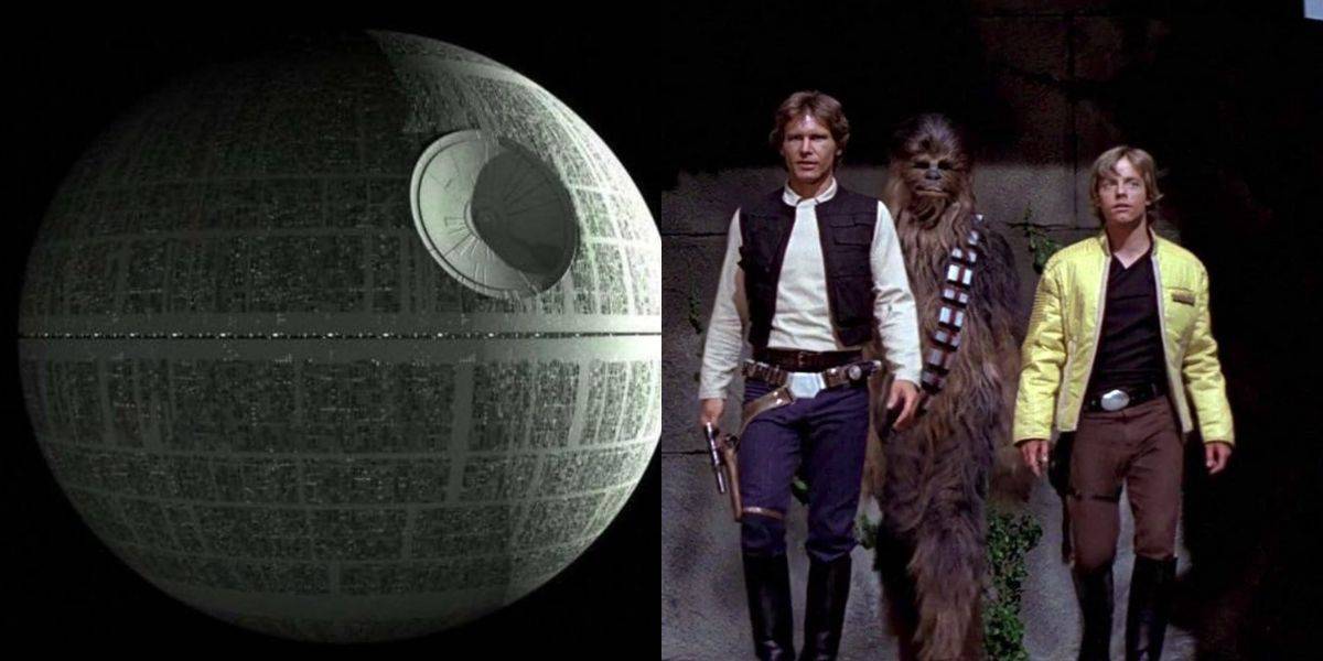 On the left, the Death Star space station floats in darkness. On the right, three Star Wars characters—Han Solo, Chewbacca, and Luke Skywalker—walk together in a stone corridor.