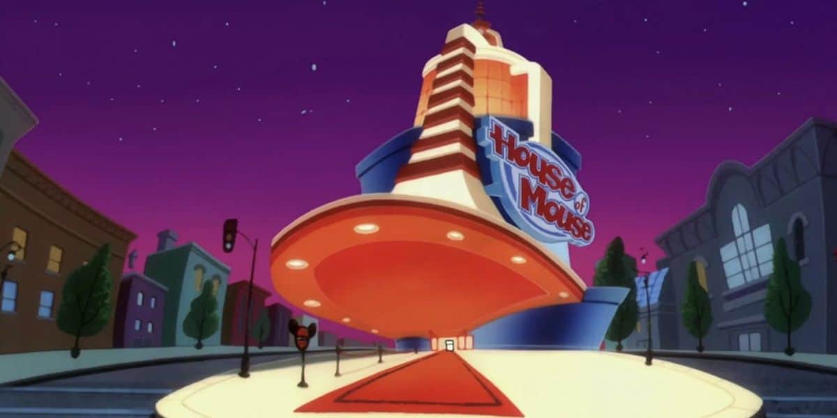 Animated image of an art deco-style theater with a neon sign reading “House of Mouse.” The scene features a red carpet entrance, glowing lights, and a vibrant purple night sky with city buildings in the background.