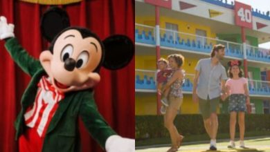 A person in a Mickey Mouse costume waves in front of a red curtain; next to it, a family with two kids walks outside a colorful hotel building.