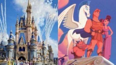 A split image: on the left, Disney's Cinderella Castle with fireworks and crowds; on the right, animated characters from Disney’s "Hercules," including Hercules, Megara, Pegasus, and Phil, stand together on a pedestal.