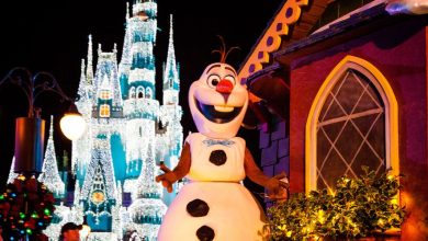 Olaf in the Once Upon A Christmastime Parade during Mickey's Very Christmas Party in Magic Kingdom Park at Walt Disney World Resort
