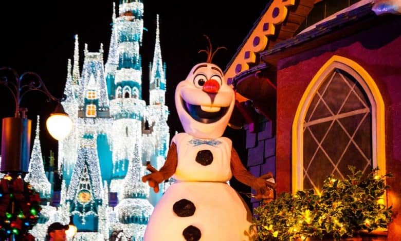 Olaf in the Once Upon A Christmastime Parade during Mickey's Very Christmas Party in Magic Kingdom Park at Walt Disney World Resort