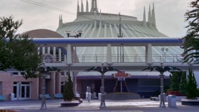 The walkway to Space Mountain, empty of guests, at Magic Kingdom Park.