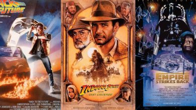 Three classic movie posters side by side: "Back to the Future" with a man and a flaming car, "Indiana Jones and the Last Crusade" showing adventure scenes, and "The Empire Strikes Back" featuring Darth Vader and space battles.