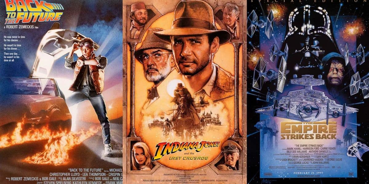 Three classic movie posters side by side: "Back to the Future" with a man and a flaming car, "Indiana Jones and the Last Crusade" showing adventure scenes, and "The Empire Strikes Back" featuring Darth Vader and space battles.
