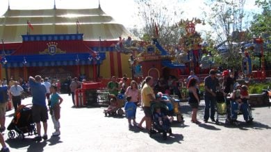 Families in front of Dumbo in Storybook Circus at Magic Kingdom Park.