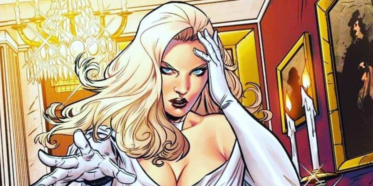 A blonde woman in a white outfit and gloves strikes a dramatic, Marvel-inspired pose in an elegant room with a chandelier and framed portraits on the wall. Her expression is intense and confident.