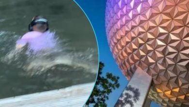 Left: A guest swimming in a pond area in the Canada World Showcase Pavilion at EPCOT. Right: Spaceship Earth at night.