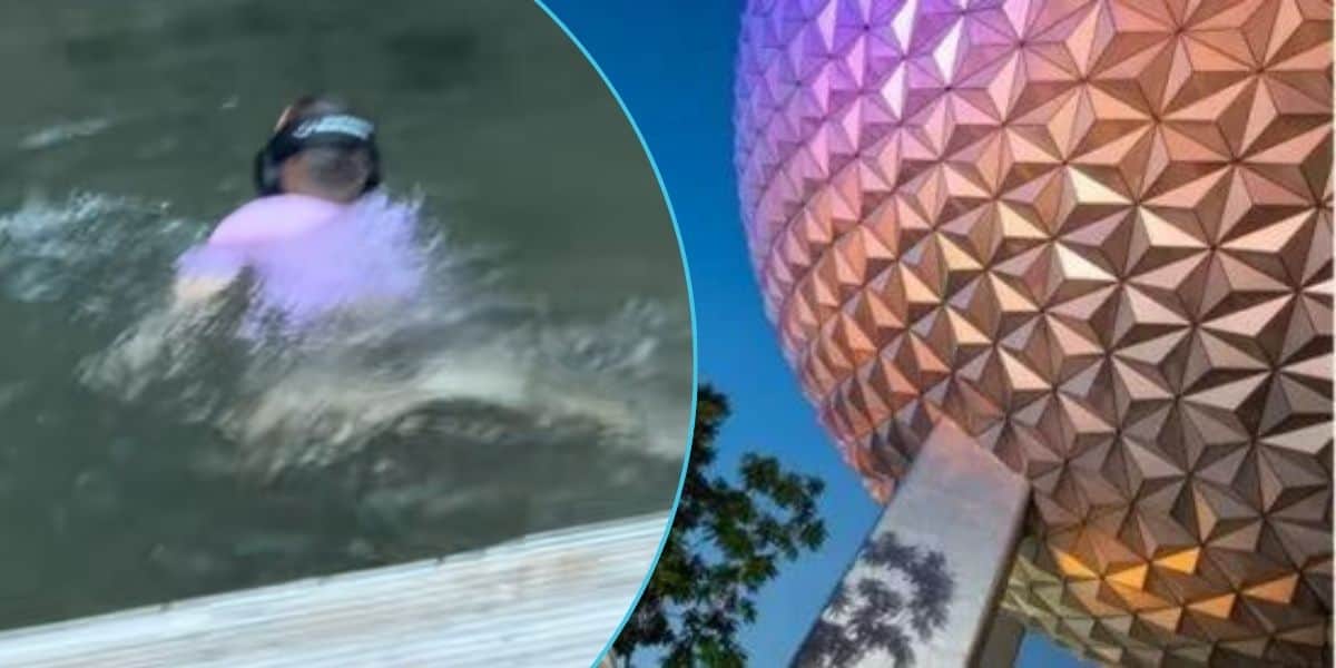 Left: A guest swimming in a pond area in the Canada World Showcase Pavilion at EPCOT. Right: Spaceship Earth at night.