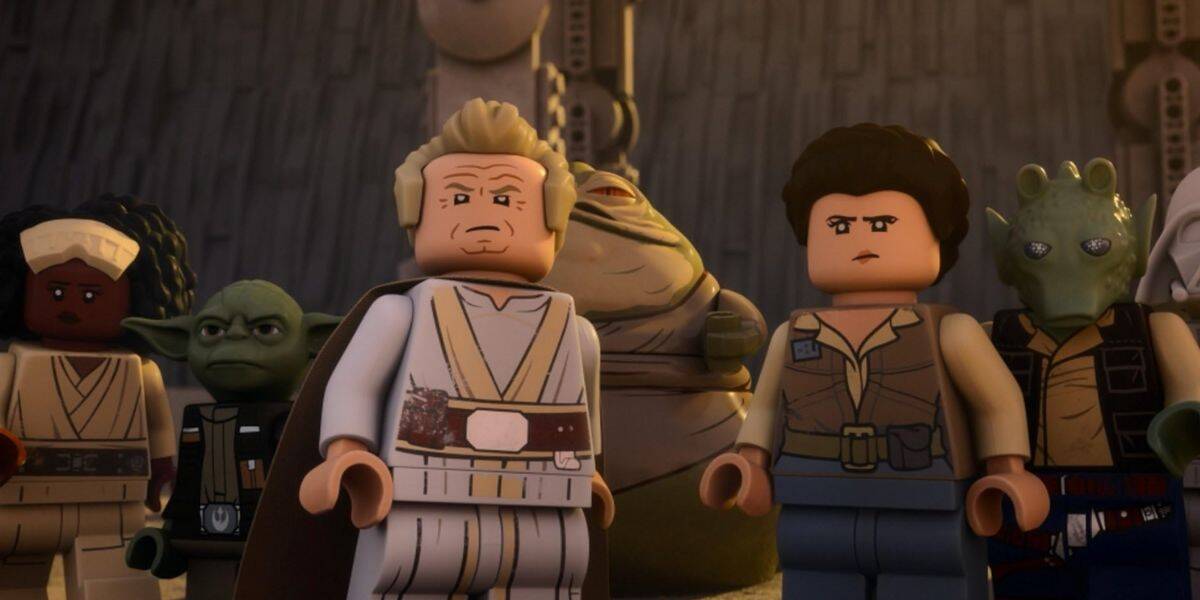A group of LEGO Star Wars characters, including Yoda, Princess Leia, and Jabba the Hutt, stand together in a dramatic star wars scene with serious expressions in a dimly lit setting.