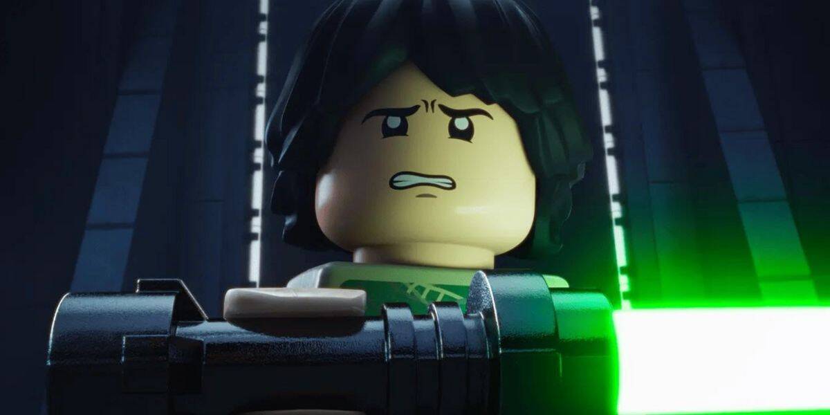 A close-up of a LEGO Star Wars character with long dark hair holding a glowing green lightsaber, looking determined or concerned, set against a dark, futuristic background.