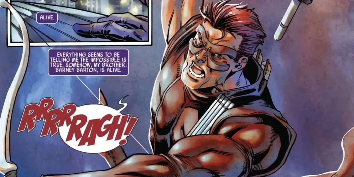 A muscular man in a black and dark brown superhero costume with goggles draws a bow, yelling “RRRRAAGH!”—evoking Jeremy Renner’s iconic style. A caption reads, “Everything seems to be telling me the impossible is true. Somehow, my brother, Barney Barton, is alive.”.