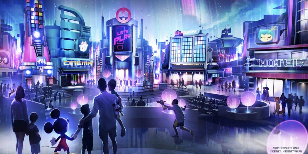 A futuristic theme park plaza, reminiscent of Epcot, glows with neon lights, animated billboards, and high-rise buildings. Silhouetted families, including a person in a Mickey Mouse costume, admire the vibrant scene at dusk.
