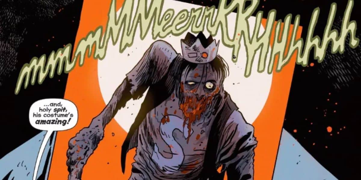 A zombie-like figure wearing a torn crown and cape stands under a bright moon, with “MmmMmeeerrrhhhhh” written loudly above its head; a caption notes how amazing its Riverdale-inspired costume is.