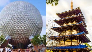 Split image: On the left, a large geodesic sphere with a metallic surface and visitors below; on the right, a traditional Japanese pagoda with blue-tiled roofs and ornate architectural details.