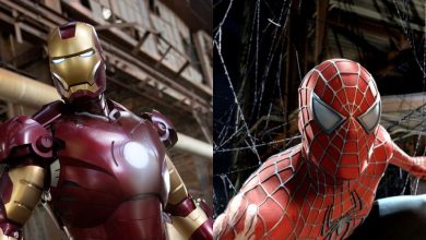 Iron Man in his red and gold suit stands in a warehouse on the left, while Spider-Man in his red and blue suit poses among webs on the right.