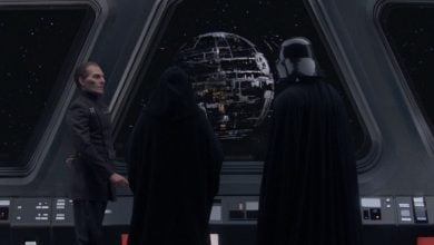 Darth Vader and Palpatine with the Death Star being constructed in the background