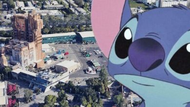 Stitch edited on top of an aerial view of Avengers Campus at Disney California Adventure Park.