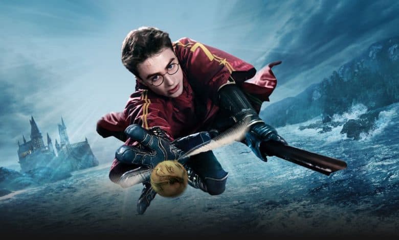 Harry Potter on a broom catching the Snitch in front of Hogwarts