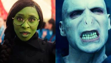 Split image: Left, Cynthia Erivo in 'Wicked', Right - Ralph Fiennes as Voldemort