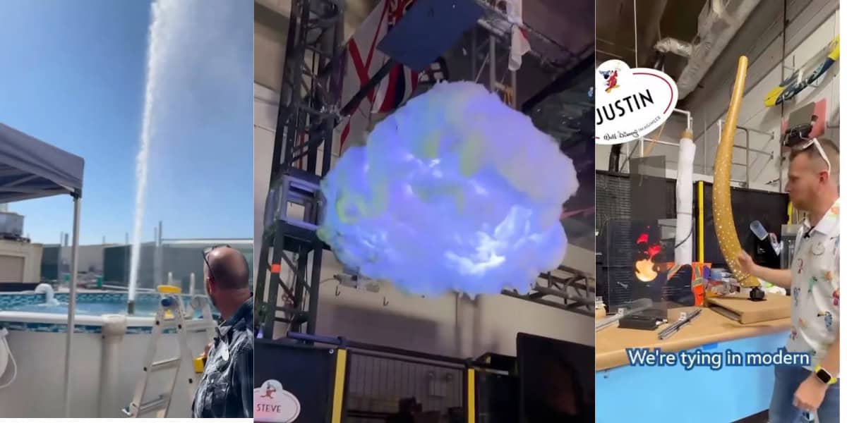 Three images side by side: a water jet spraying into a pool, a glowing artificial cloud suspended indoors, and a man demonstrating fire bending a long tube in a workshop with the text "We're tying in modern.