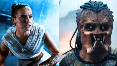 Split image: Rey from 'Star Wars' on the left, Dek from 'Predator: Badlands' on the right