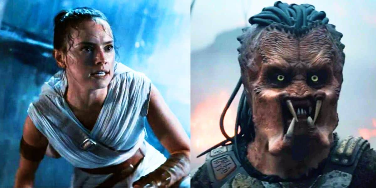 Split image: Rey from 'Star Wars' on the left, Dek from 'Predator: Badlands' on the right