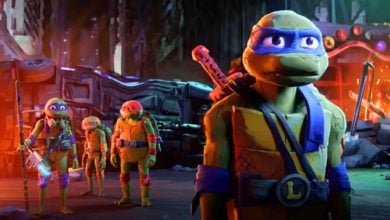 Leo up front, and the rest of the Ninja Turtles behind him, looking sad in 'Mutant Mayhem'