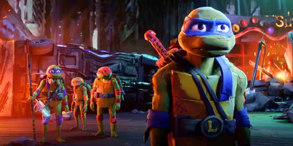 Leo up front, and the rest of the Ninja Turtles behind him, looking sad in 'Mutant Mayhem'