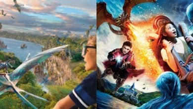 A split image shows people observing flying creatures over a lush landscape on the left, and on the right, people on a thrilling theme park ride with magical creatures and a fire-breathing dragon.