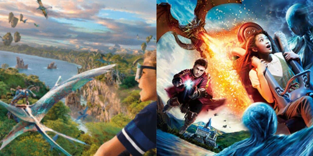 A split image shows people observing flying creatures over a lush landscape on the left, and on the right, people on a thrilling theme park ride with magical creatures and a fire-breathing dragon.