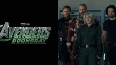Split image: On the left, the "Avengers: Doomsday" logo in metallic green. On the right, four serious-looking characters in dark outfits stand indoors, appearing ready for action.